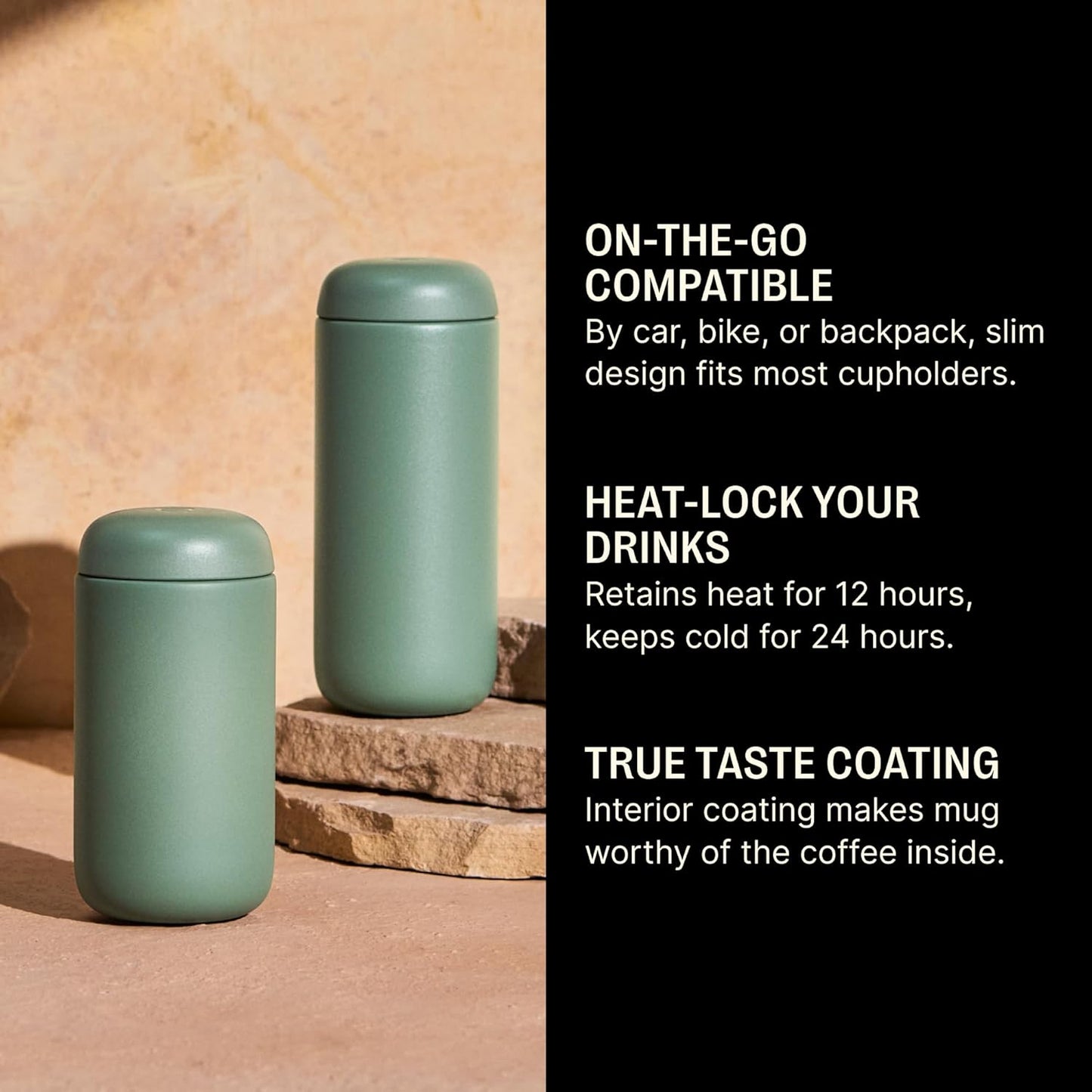 Fellow 16 oz Carter Move Travel Mug - Vacuum-Insulated Stainless Steel Travel Coffee Mug - Coffee Tumbler with Ceramic Interior and Splash Guard - Matte Black