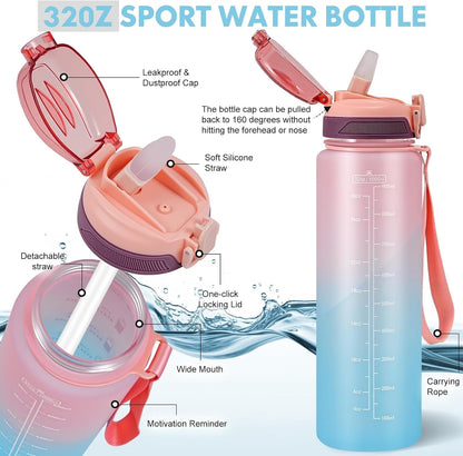 Water Bottle with Straw 1L,Boys Water Bottles with Straw 1 Litre,Waterbottle Leak-Proof Sports Water Bottle,Plastic Drinks Bottles Toxin Free，Bpa-Free (Cyan Black)