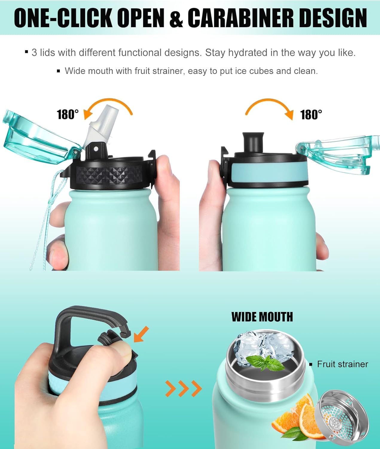Oldley Insulated Water Bottle 20oz for Adults Kids Stainless Steel Water Bottles with Straw/Chug/Carabiner 3 Lids Fruit Strainer Double Wall Vacuum Wide Mouth BPA Free Leak-Proof for School Travel