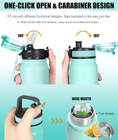 Oldley Insulated Water Bottle 20oz for Adults Kids Stainless Steel Water Bottles with Straw/Chug/Carabiner 3 Lids Fruit Strainer Double Wall Vacuum Wide Mouth BPA Free Leak-Proof for School Travel