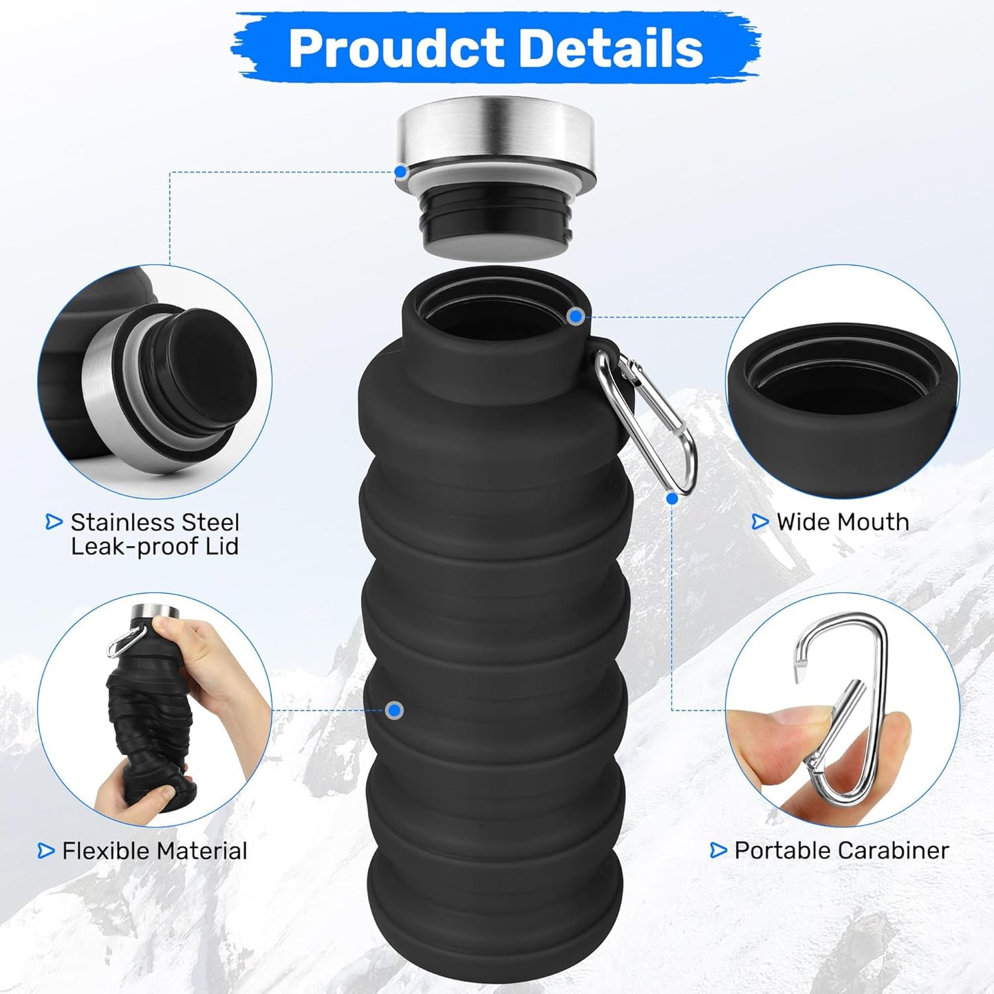 Collapsible Water Bottle, 16oz Portable Reusable Silicone Water Bottle, BPA-Free Leak-Proof Foldable Design with Carabiner, Lightweight Durable for Gym, Travel, Camping, Hiking, Sports, Black