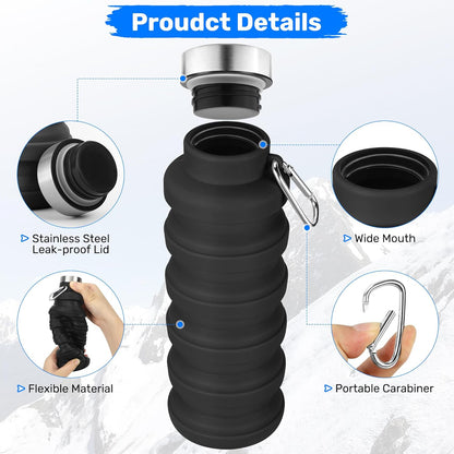 Collapsible Water Bottle, 16oz Portable Reusable Silicone Water Bottle, BPA-Free Leak-Proof Foldable Design with Carabiner, Lightweight Durable for Gym, Travel, Camping, Hiking, Sports, Black