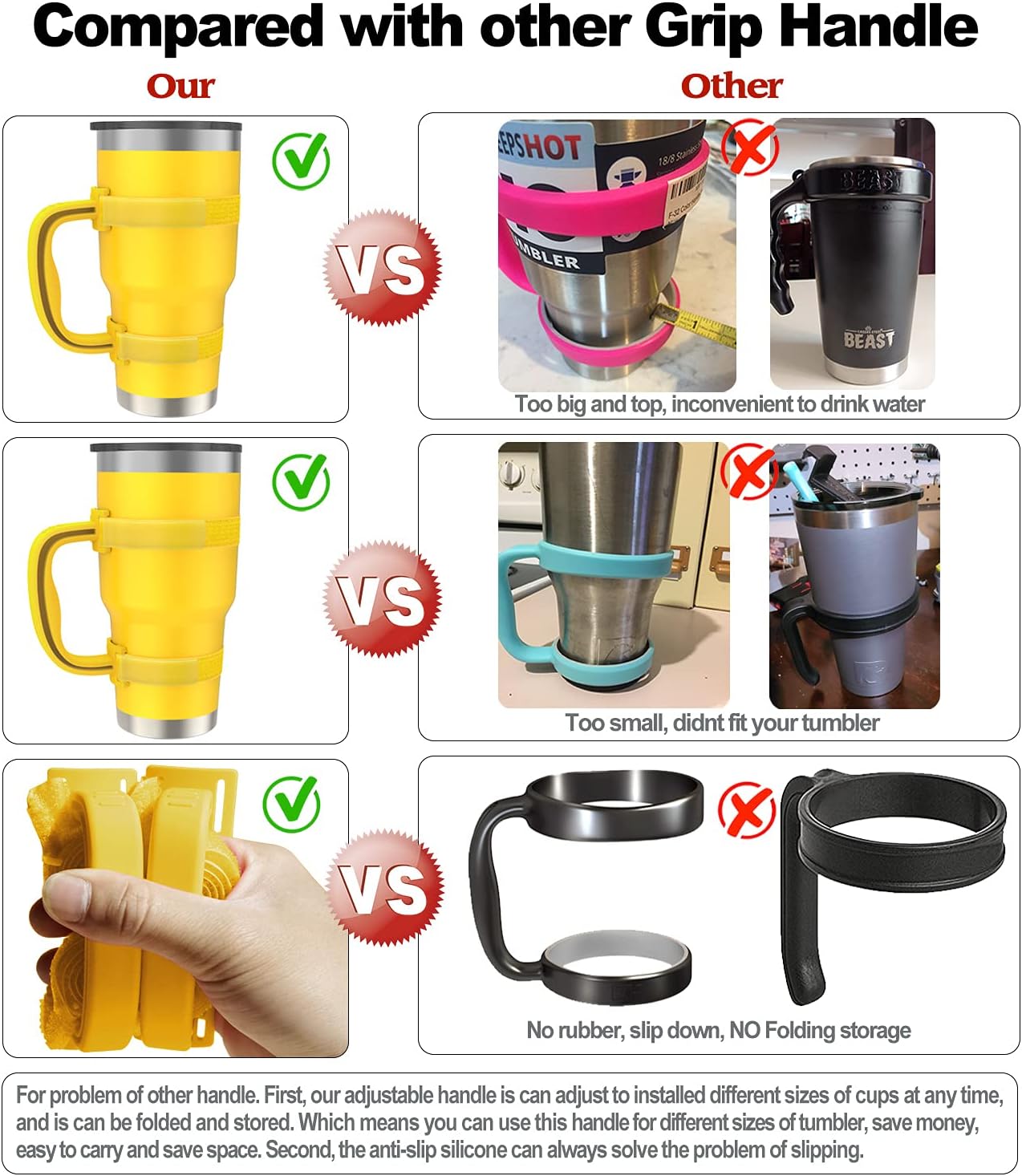 New Upgrade Anti-Slip Adjustable Tumbler Handle Fit for 20 Oz to 40 Oz All Brands Tumbler Cup of YETI, RTIC, Ozark Trail, Tervis, Corkcicle, Slm, Reduce Cold, Artic, Atlin, Bubba and SIC Etc