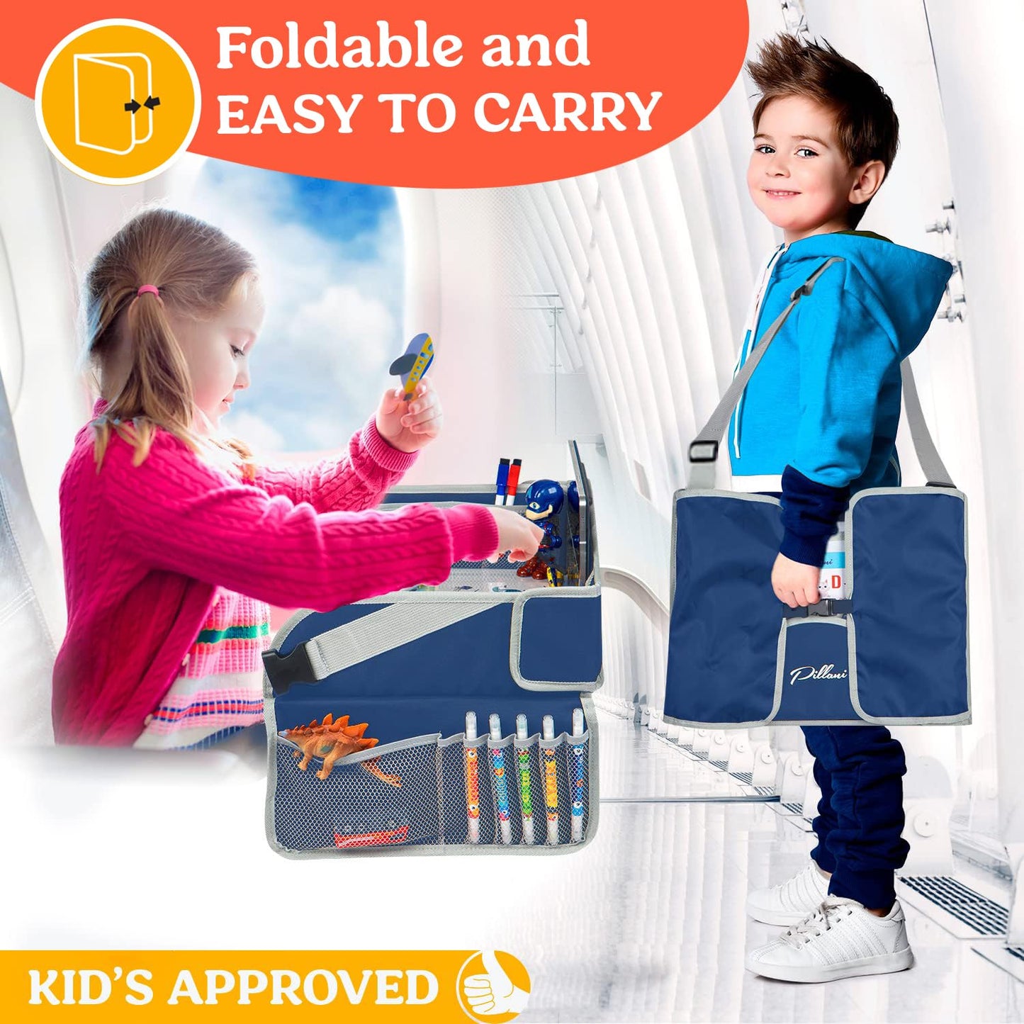 PILLANI Kids Travel Tray for Car - Car Seat Tray with Activity Sheets & Pens, Road Trip Essentials for Car & Airplane, Must Have Toddler Travel Lap Desk Accessories - Road Trip Activities for Kids