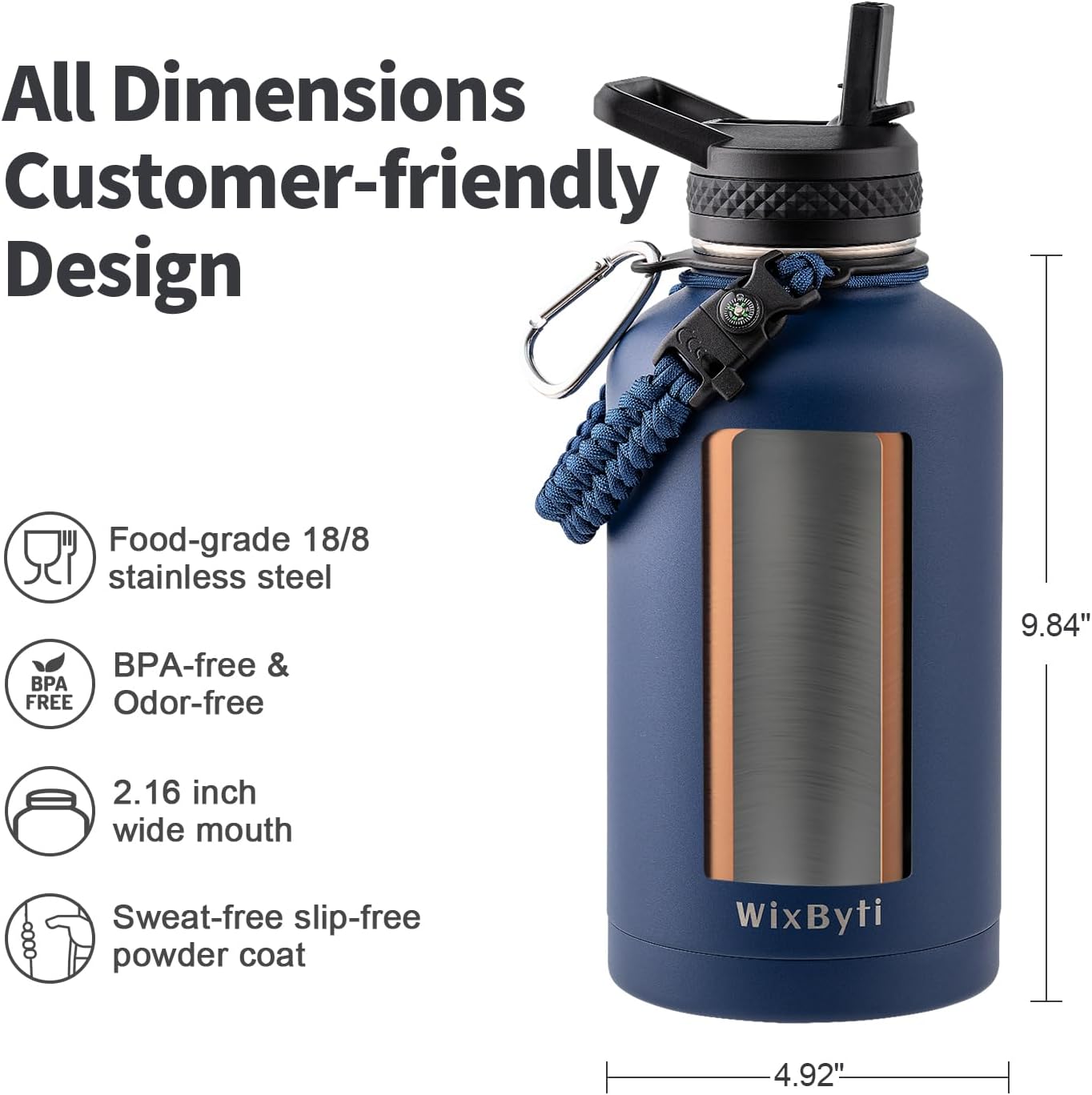 WixByti 40 oz Insulated Water Bottle with Straw (Cold for 36 Hrs), Stainless Steel Triple Wall Vacuum Sports Water Jug, Leakproof Hydro Cup Flask with Paracord Handle & Straw Spout Lids & DIY Stickers