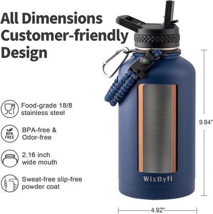 WixByti 40 oz Insulated Water Bottle with Straw (Cold for 36 Hrs), Stainless Steel Triple Wall Vacuum Sports Water Jug, Leakproof Hydro Cup Flask with Paracord Handle & Straw Spout Lids & DIY Stickers