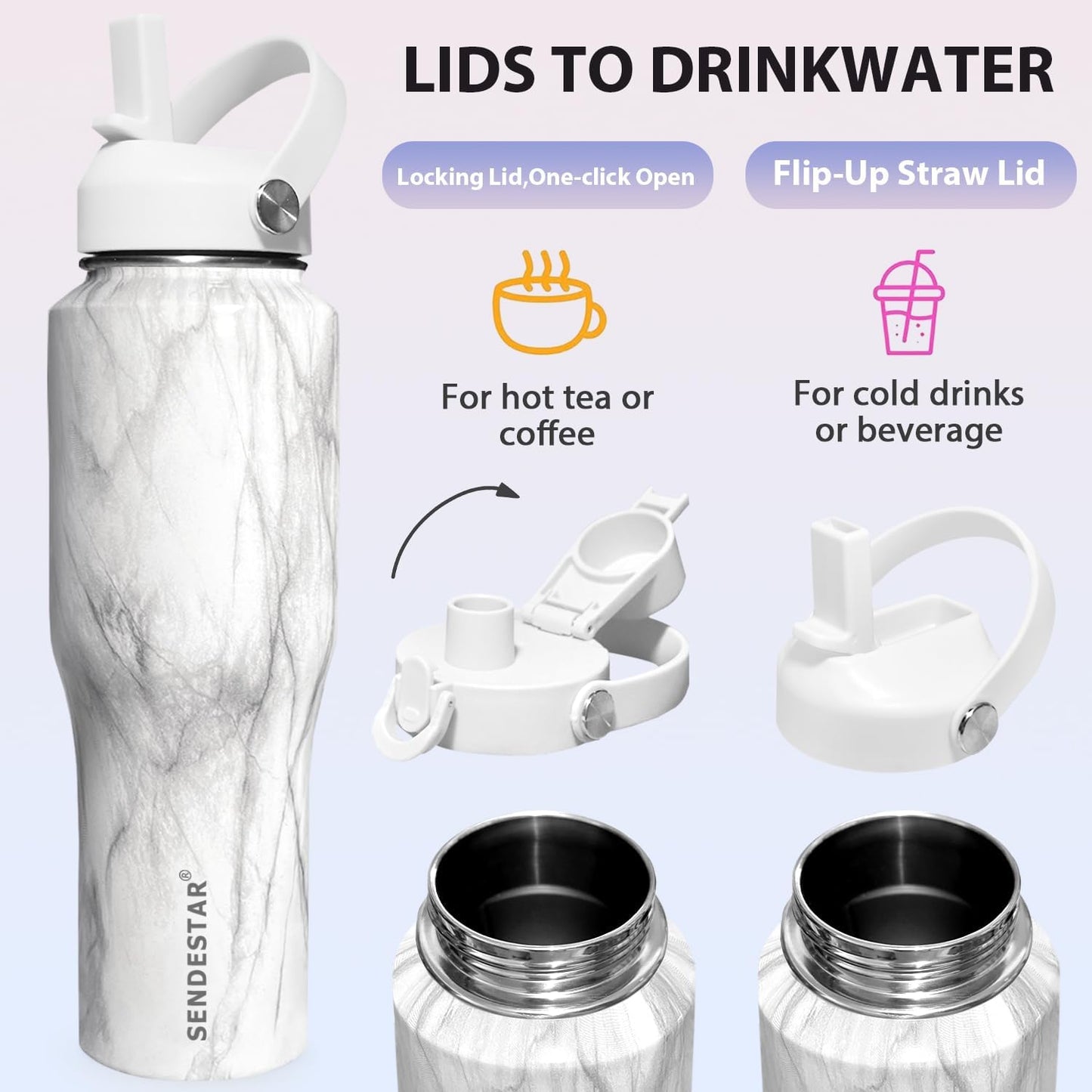 SENDESTAR 40oz Water Bottle Wide Mouth Stainless Steel Vacuum Insulated Double Wall with Straw Lids Fit in Any Car Cup Holder