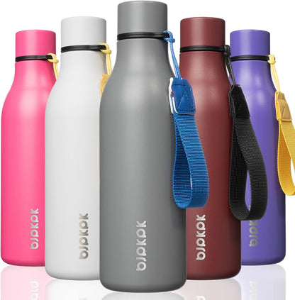 BJPKPK Insulated Water Bottles, 18 oz Stainless Steel Metal Water Bottle with Strap, BPA Free Leak Proof Jugs, Mugs, Flasks, Reusable Thermal Flasks for Sports & Travel, Black - Colors A