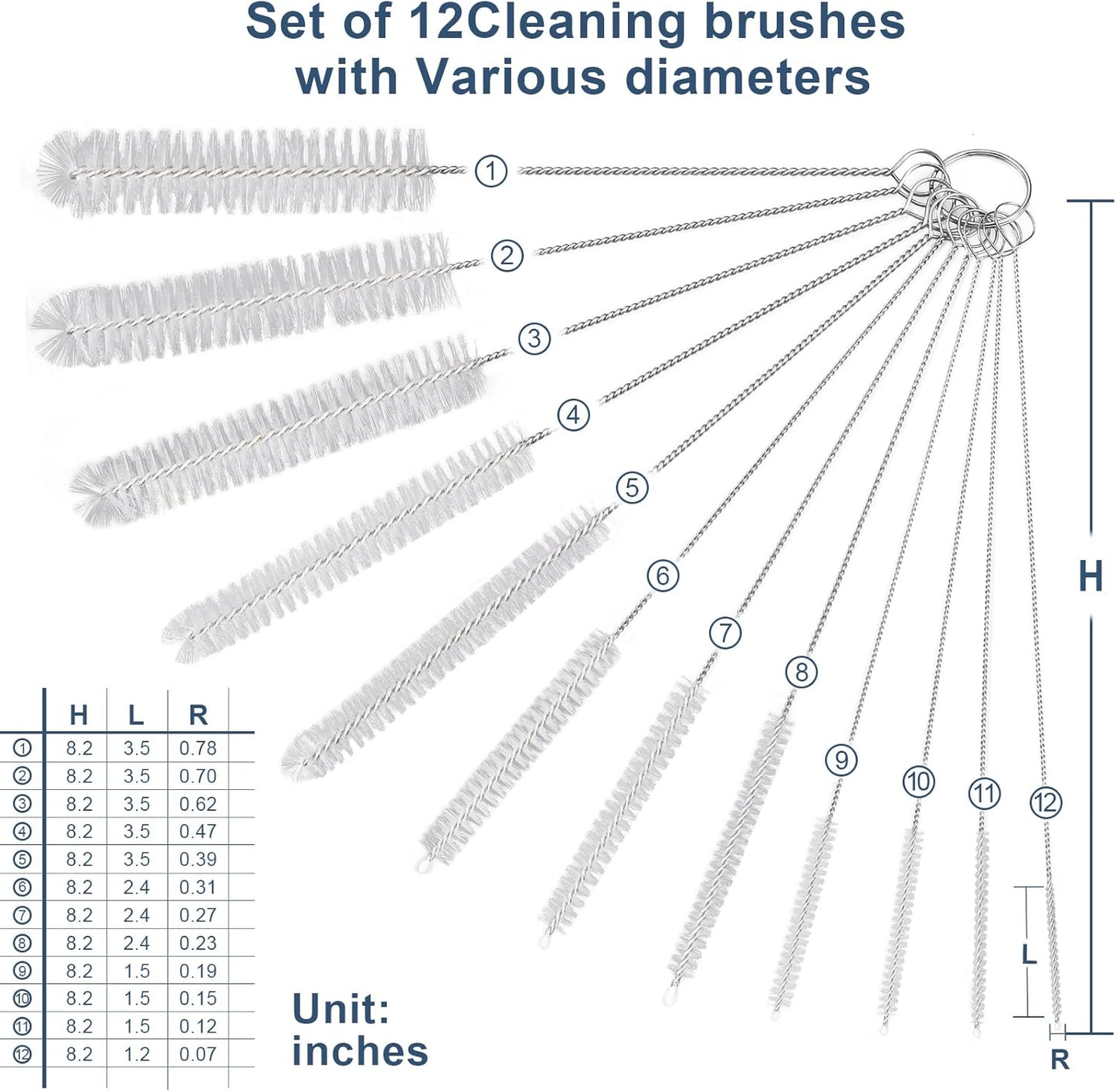 Straw Cleaner Brushes Sets, 12 Pieces 8.2 Inch Botthle Cleaning Brush and Nylon Tube Brush Brush Kit for Sippy Cup, Tumbler, Water Bottle, Drinking Straw (Black)
