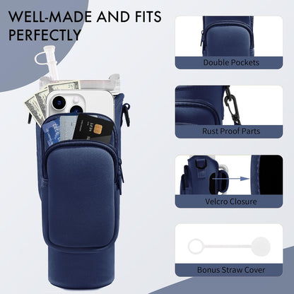 JEBEALUO Water Bottle Carrier Bag with Phone Pocket for Stanley Cup 40/30 oz, Water Bottle Holder with Adjustable Strap& Straw Cover, Stanley Cup Accessories