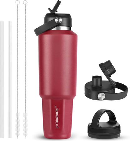 HYDROWION 32oz Stainless Steel Water Bottle(Cold for 48 Hrs, Hot for 24 Hrs),Double Wall Vacuum Insulated Water Bottle with Straw Lid, Spout Lid and Flex Cap, Fit in Any Car Cup Holder,Black