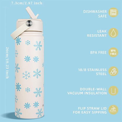 25oz Insulated Stainless Steel Aesthetic Cute Water Bottle - 2 Lids Included (Straw + Sport Handle), Leakproof BPA-Free, Dreamy Cream Cute Floral Design, Perfect Gym/Yoga/Office Companion