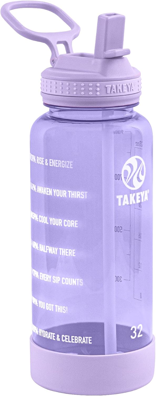 Takeya Motivational Water Bottle with Straw Lid and Time Marker (64 oz, Vivacity Purple) - Leakproof, BPA Free Water Bottle for Daily Intake Tracking