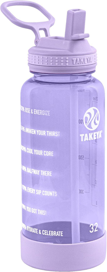 Takeya Motivational Water Bottle with Straw Lid and Time Marker (64 oz, Vivacity Purple) - Leakproof, BPA Free Water Bottle for Daily Intake Tracking