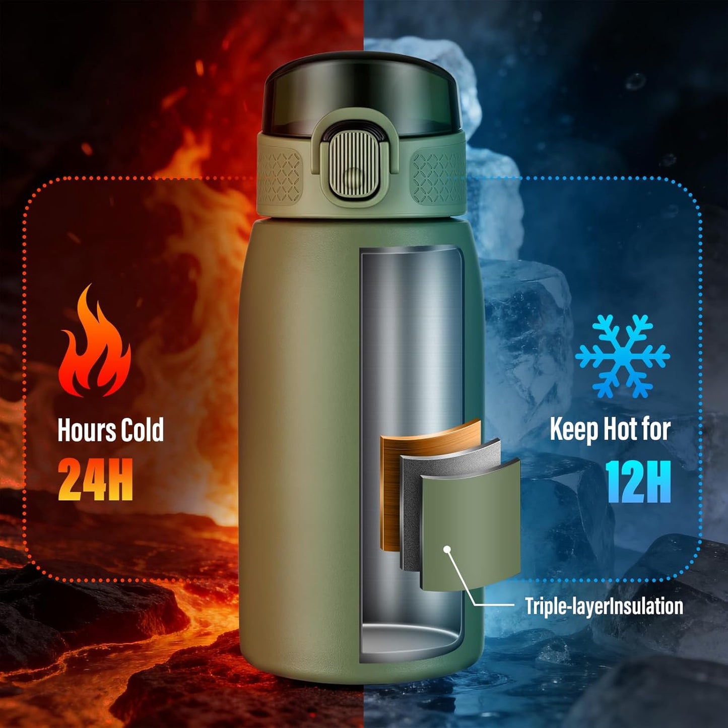 Insulated Water Bottle 24 oz with Dustproof Lid, Carry Handle & Tea Infuser, BPA-Free & Leakproof, Stainless Steel Water Bottles Ideal for Fitness, Hiking, Office & Outdoor Use (Black)