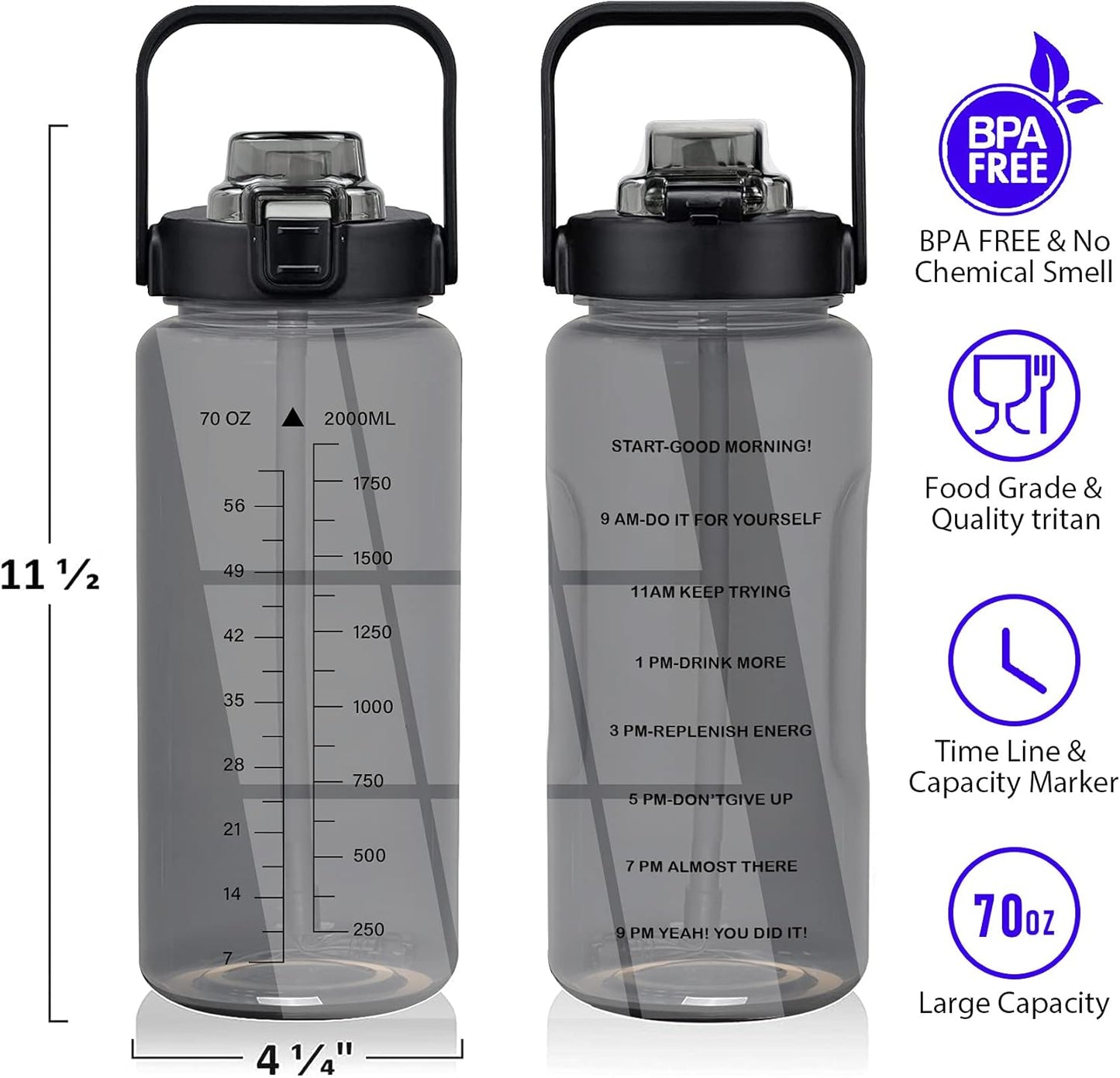 Half Gallon Water Bottle with Sleeve, 64OZ Motivational Water Bottle with Straw & Time Marker, BPA Free Leakproof Gym for Sport Workout
