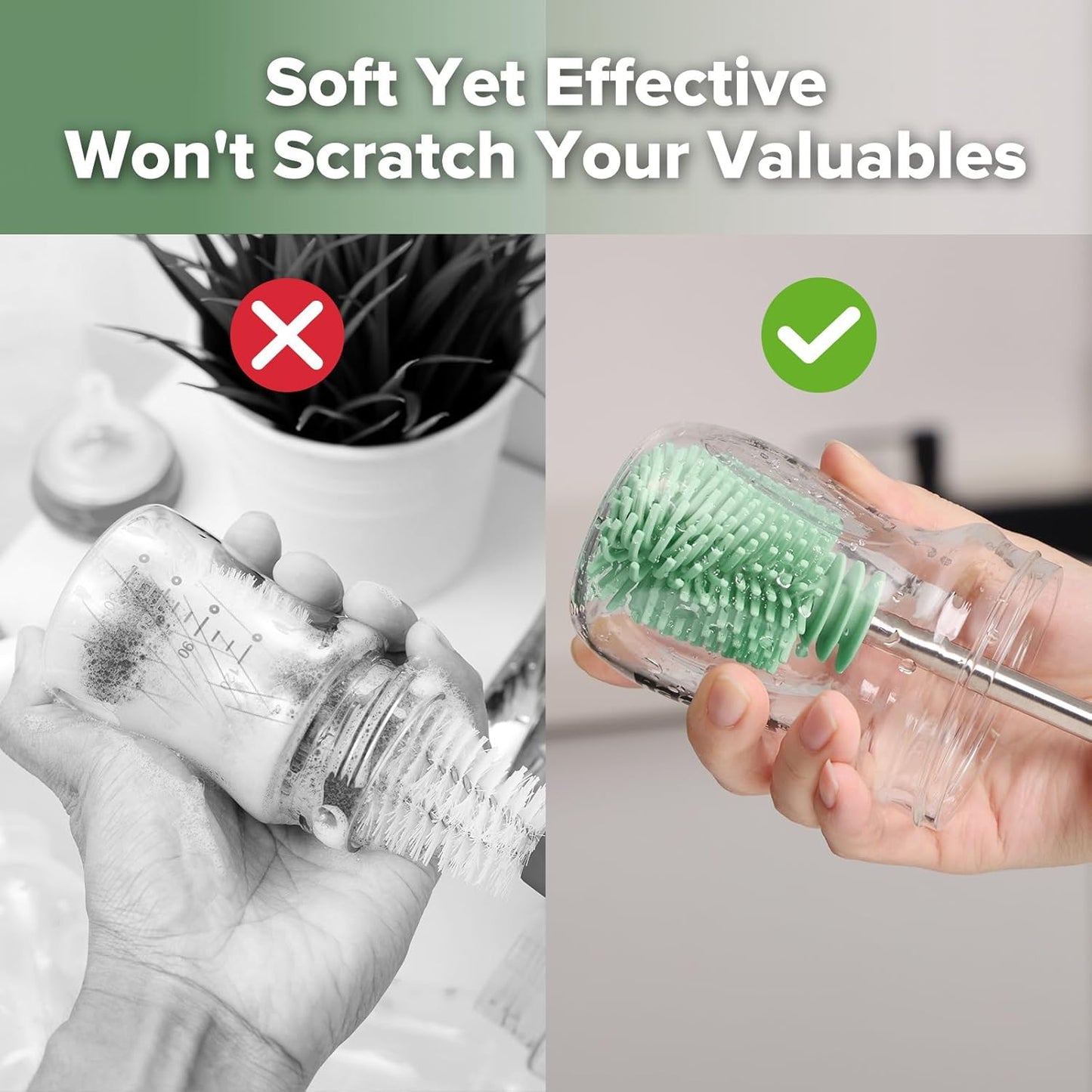 Haakaa Silicone Cleaning Brush for Baby Bottles and Crevices, Double-Ended Bottle Brush for Breast Pumps, Milk Collectors, Nipples and Breastmilk Storage Bags, Food-Grade Silicone, Pea Green, 1 Pack