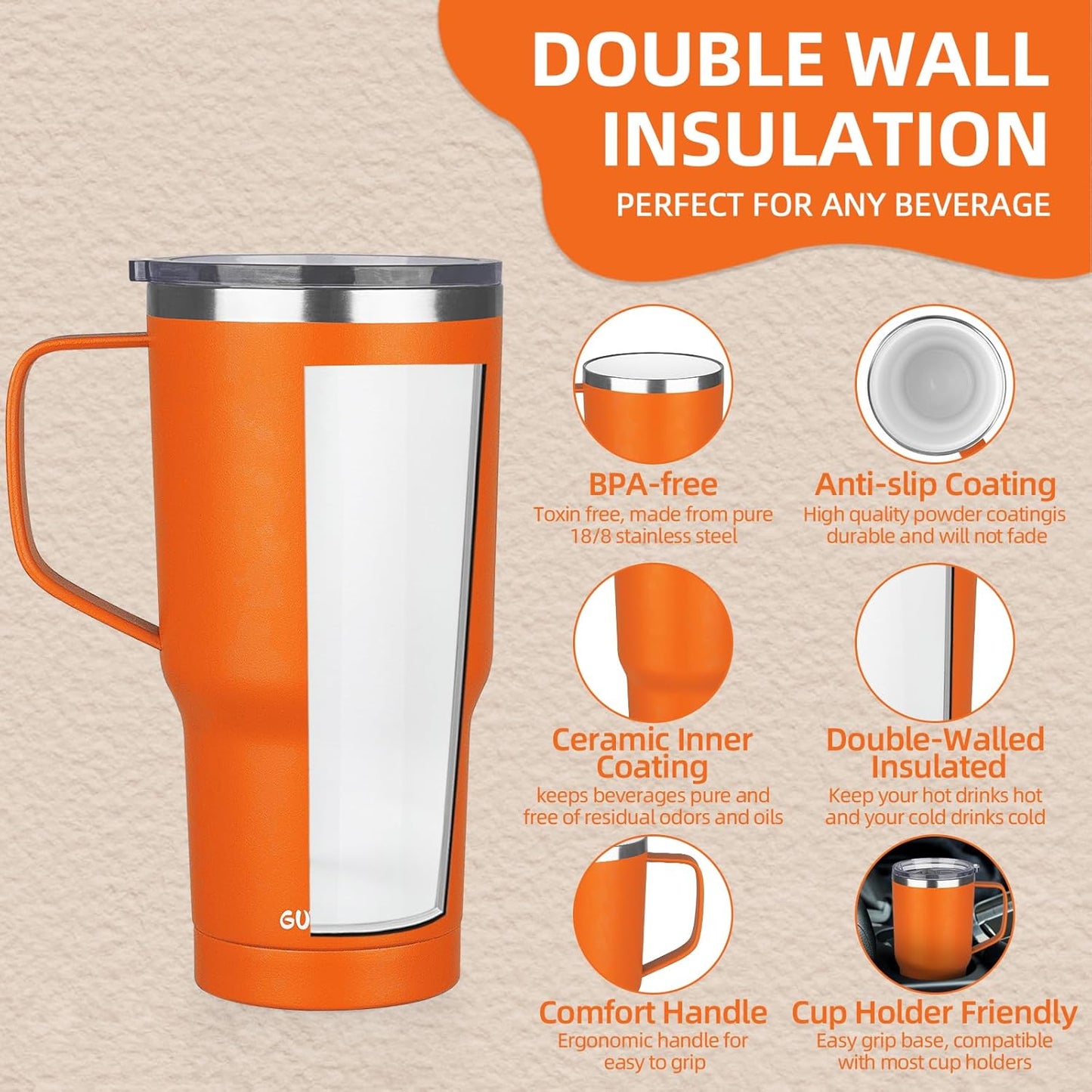 20 oz Insulated Coffee Mug with Ceramic Coating, Stainless Steel Travel Mug Tumbler with Handle Lid and Straw, Double Wall Leak-Proof Coffee Travel Mug Keeps Drink Hot and Cold (Black)