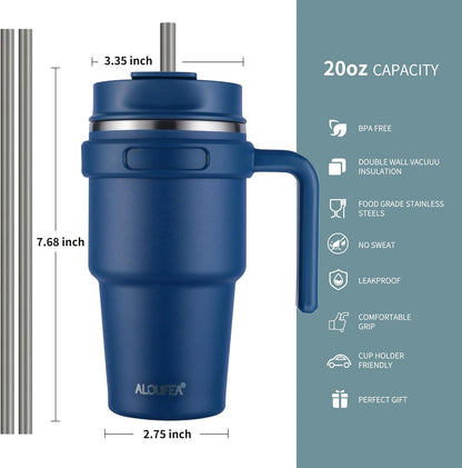 20 oz Insulated Coffee Mug Tumbler with Handle, Stainless Steel Travel Mug Tumbler with Lid and Straw,Double Wall Vacuum Leak Proof Ice Coffee Thermal Cup, Black