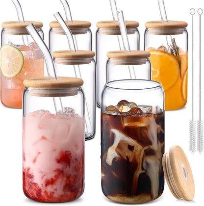 DWTS DANWEITESI Glass Cups with Lids and Straws 4 pcs,16oz Drinking Glasses Set for Coffee Bar Accessories,Iced Coffee Cups with Lids,Matcha Cup Glass Tumbler Reusable for Gifts