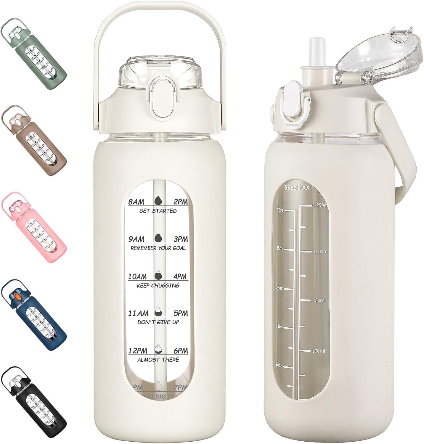 64oz Glass Water Bottles with Straw, Half Gallon Motivational Glass Bottle with Silicone Sleeve and Time Marker, 2L Leakproof Large Glass Water Jug for Gym Home Office,olive