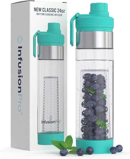 Infusion Pro 24 oz Fruit Infuser Water Bottle, 2 Pack, Flip Top Lid, Insulated Sleeve & Fruit Infused Water eBook : Bottom Loading Infuser