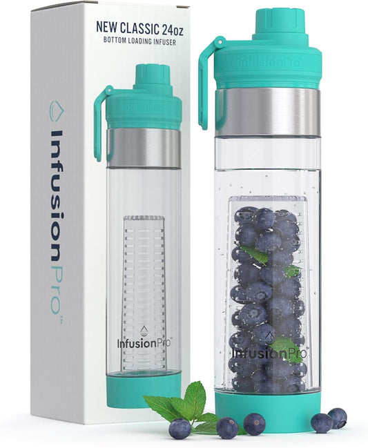Infusion Pro 24 oz Fruit Infuser Water Bottle, 2 Pack, Flip Top Lid, Insulated Sleeve & Fruit Infused Water eBook : Bottom Loading Infuser