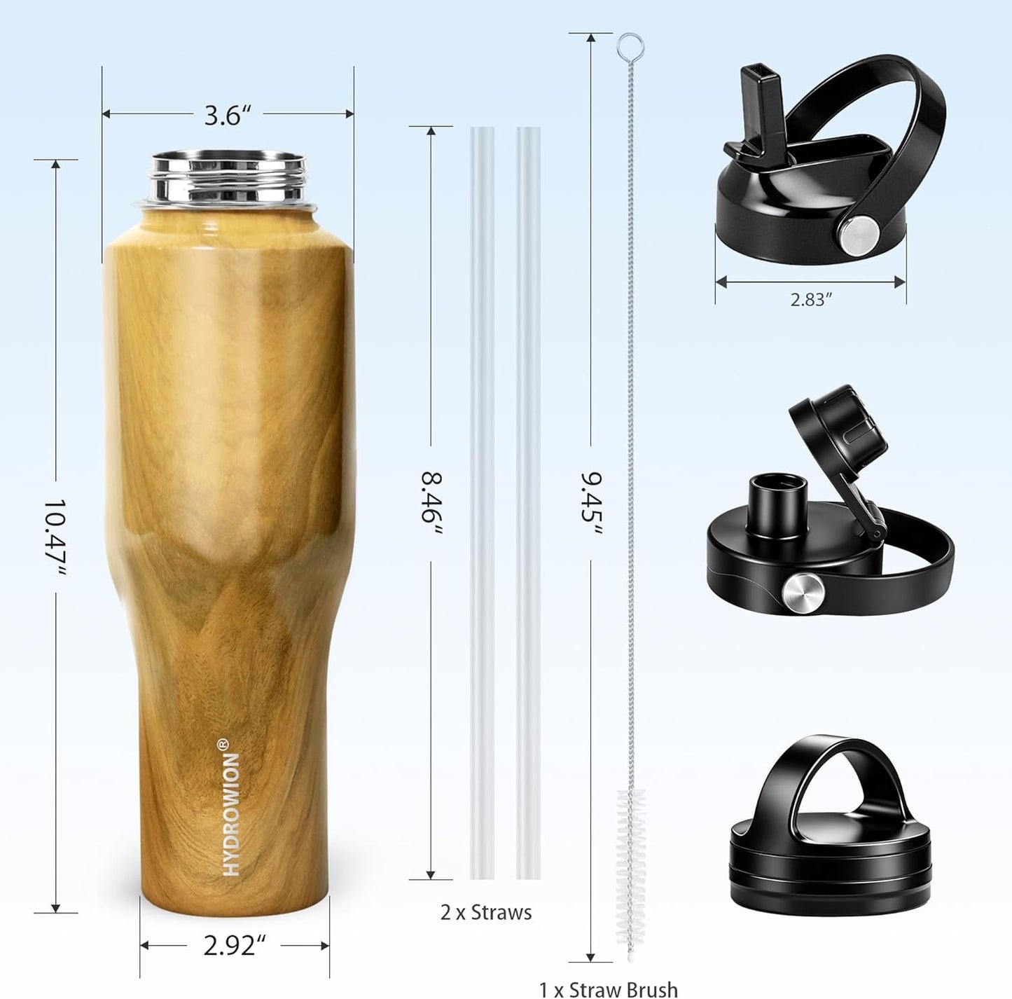 HYDROWION 32oz Stainless Steel Water Bottle(Cold for 48 Hrs, Hot for 24 Hrs),Double Wall Vacuum Insulated Water Bottle with Straw Lid, Spout Lid and Flex Cap, Fit in Any Car Cup Holder,Black