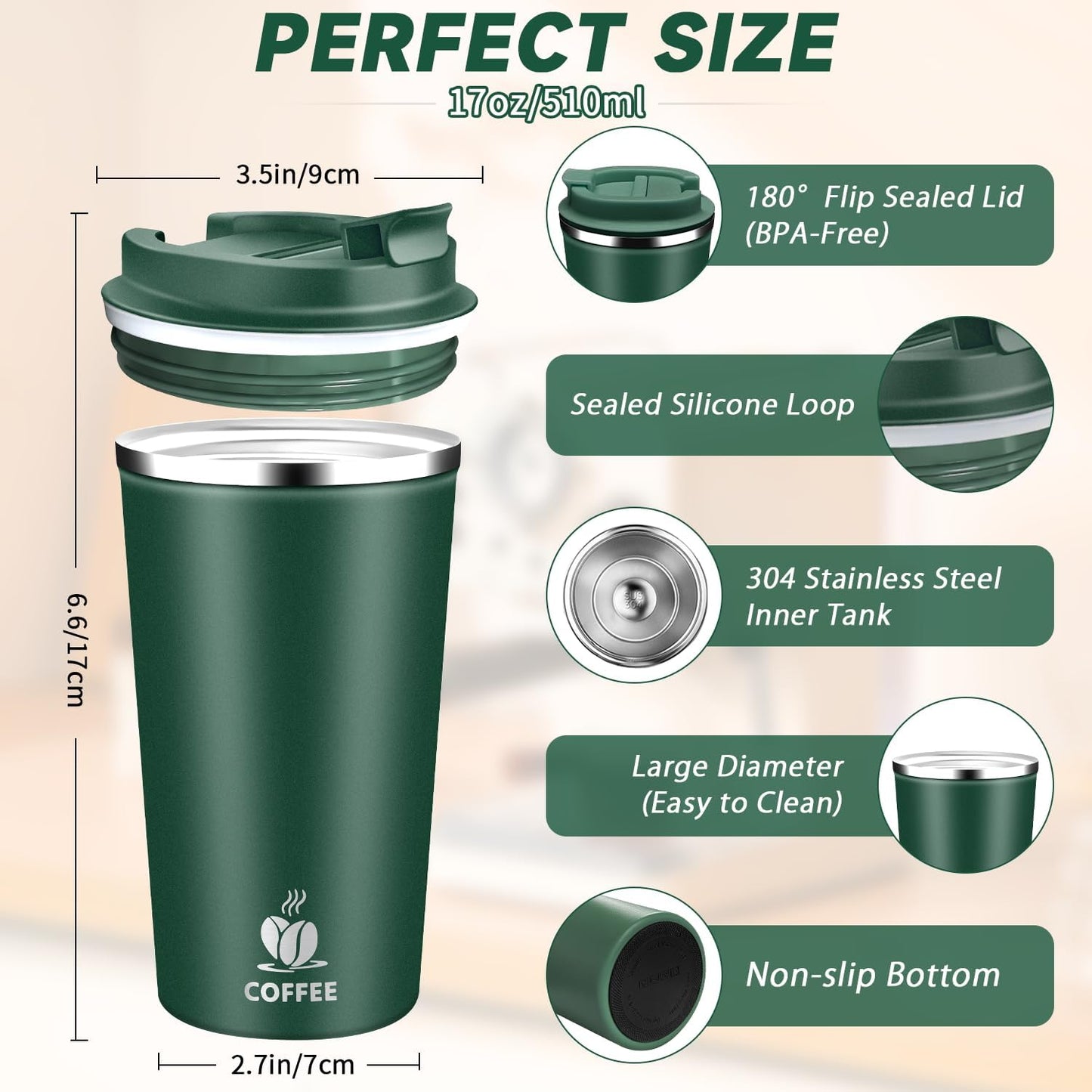 Insulated Travel Coffee Mug Reusable Coffee Tumbler Cup with Flip Lid Leak Proof Spill Proof for Office School Party Camping Hot and Cold Drink,Stainless Steel 17oz (Black)