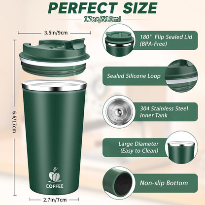 Insulated Travel Coffee Mug Reusable Coffee Tumbler Cup with Flip Lid Leak Proof Spill Proof for Office School Party Camping Hot and Cold Drink,Stainless Steel 17oz (Black)