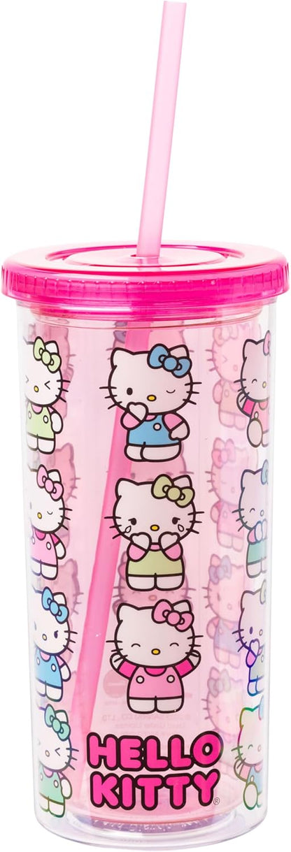 Silver Buffalo Sanrio Hello Kitty Milk Carton Pattern Plastic Boba Tumbler w Lid and Wide Straw, 24 Ounces