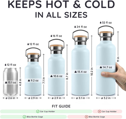 Bambaw 24 oz Stainless Steel Water Bottle, Insulated Metal Water Bottle Wide Mouth, Great for Hiking & Travel, With Handle Easy to Carry, Rust-Resistant & Durable (Aegean Blue)