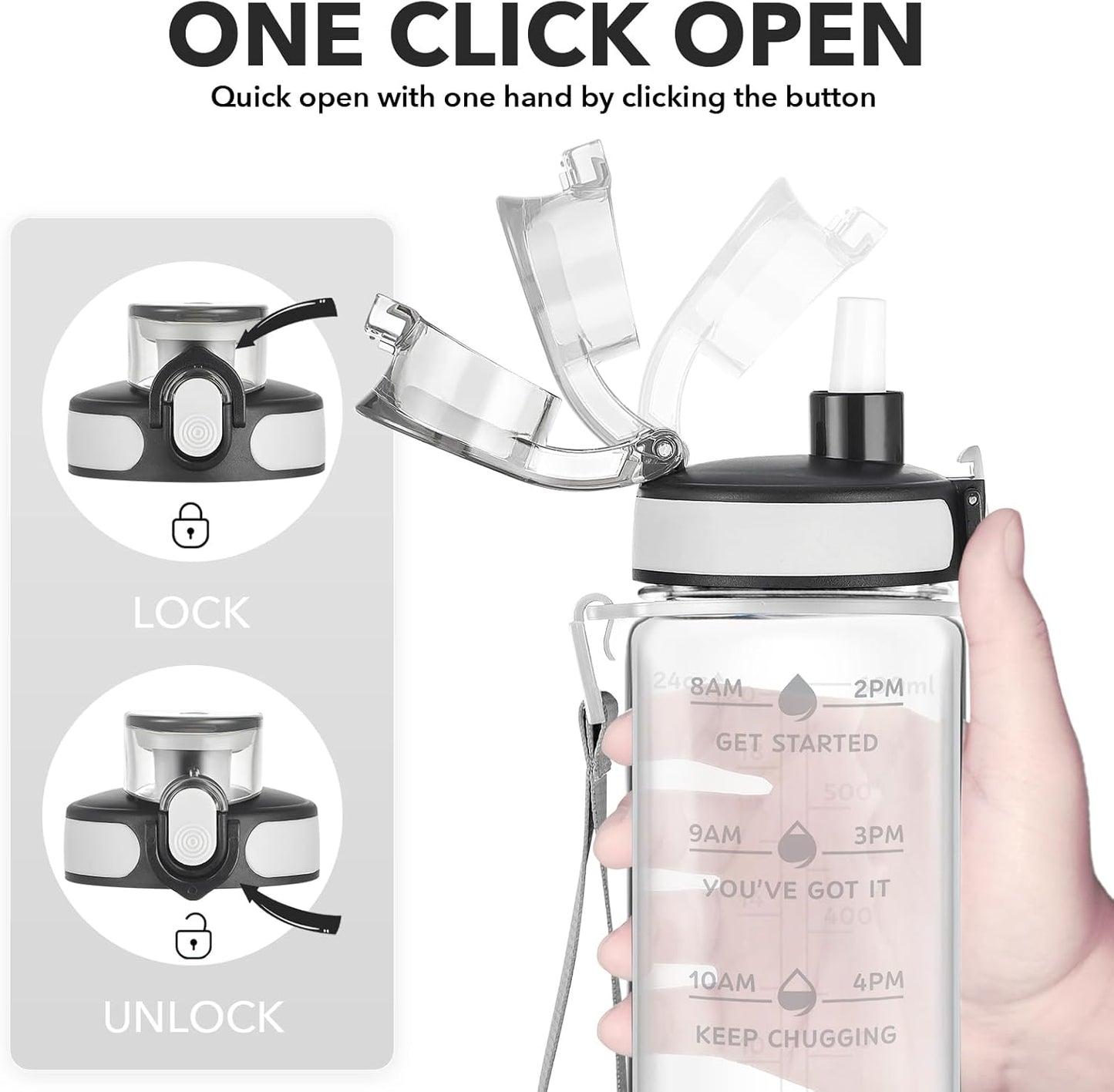 Enerbone Water Bottle, Leakproof BPA & Toxic Free, Motivational Water Bottle with Times to Drink and Straw, Fitness Sports Water Bottle with Strap for Office, Gym, Outdoor Sports
