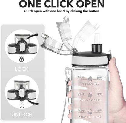 Enerbone Water Bottle, Leakproof BPA & Toxic Free, Motivational Water Bottle with Times to Drink and Straw, Fitness Sports Water Bottle with Strap for Office, Gym, Outdoor Sports