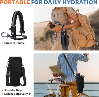 Insulated Water Bottle 40 oz - Fits in any Car Cup Holder, Keep Cold 48H Hot 24H, Stainless Steel Waterbottle Double Wall Flask with Straw, Pop-up Spout Lid, Paracord Handle, Carrier Bag