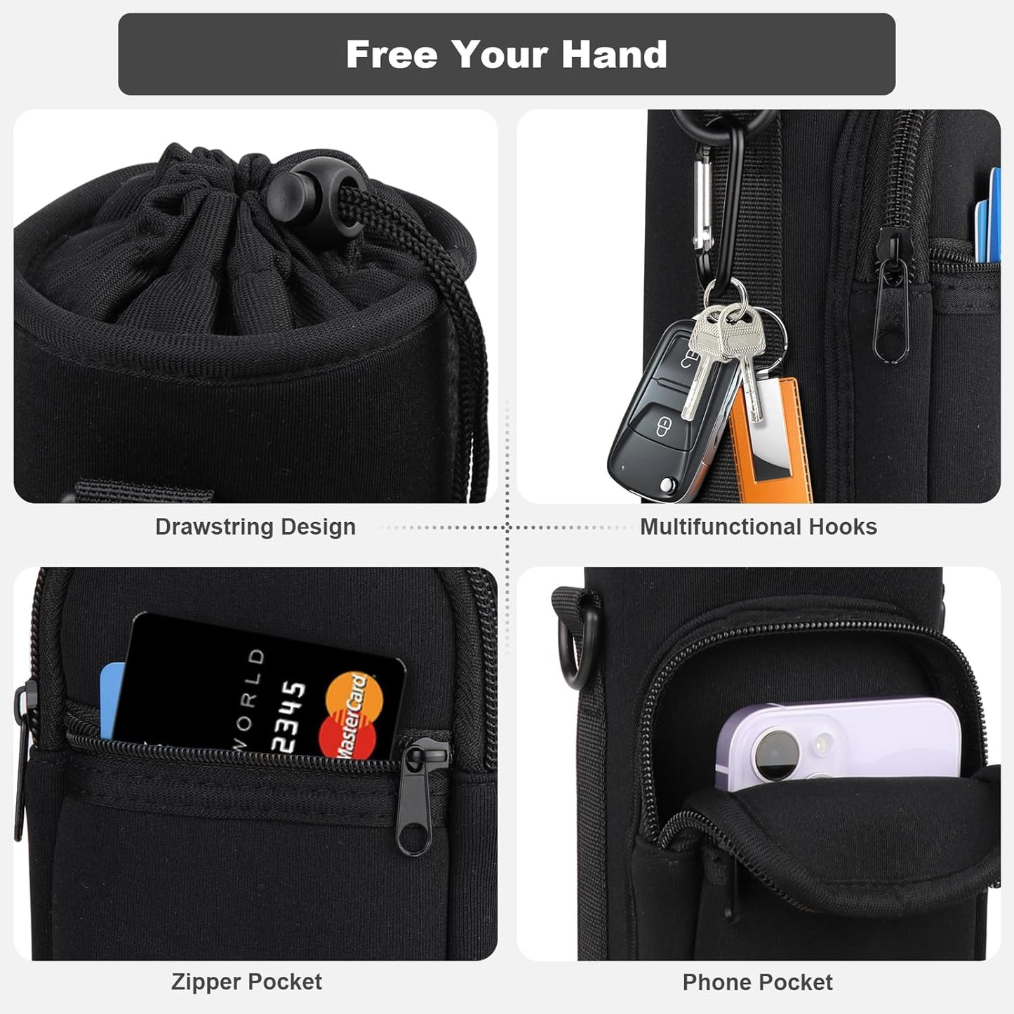 Water Bottle Holder with Strap, Water Bottle Carrier Bag with Phone Pocket, Shoulder Hand Strap Insulated Neoprene 32/40 oz Water Bottle Sleeve for Walking Hiking Camping Gym