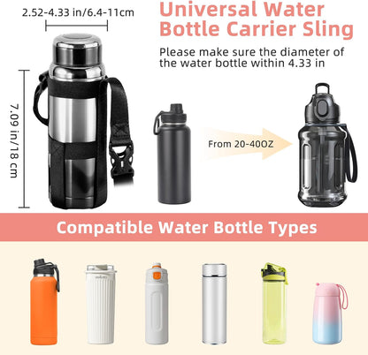 Nuovoware Water Bottle Holder With Strap, 2 Pack Elastic Water Bottle Sling Bag for 20-40 Oz, Lightweight Crossbody Bag With Shoulder Strap for Walking Hiking Camping Traveling, Black+Black