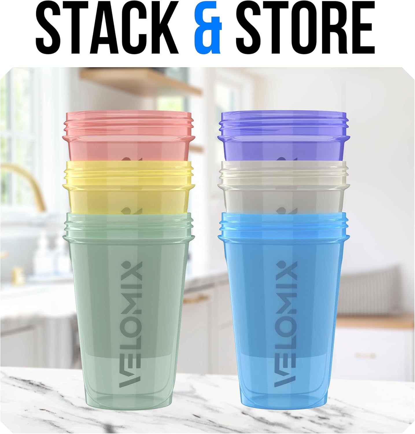 VELOMIX -6 PACK- 20 oz Protein Shaker Bottle for Protein Mixes - 6x Wire Whisk | Leak Proof Shaker Cups for Protein Shakes | Stackable Protein Shaker Bottle Pack | Dishwasher Safe (Pastel Shades)