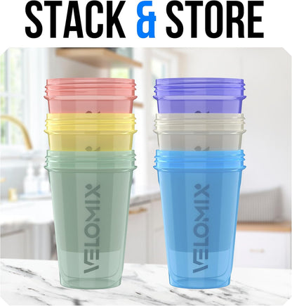 VELOMIX -6 PACK- 20 oz Protein Shaker Bottle for Protein Mixes - 6x Wire Whisk | Leak Proof Shaker Cups for Protein Shakes | Stackable Protein Shaker Bottle Pack | Dishwasher Safe (Pastel Shades)