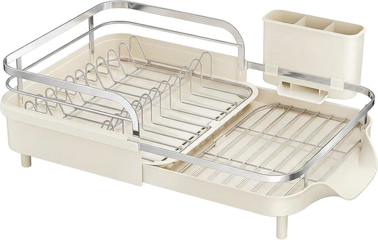 SAYZH Dish Drying Rack - Expandable Dish Rack for Kitchen Counter, Rust-Resistant Dish Drainer with Utensil Holder and Raised Guardrail, Kitchen Organizer for Cup and Bottle (Black)