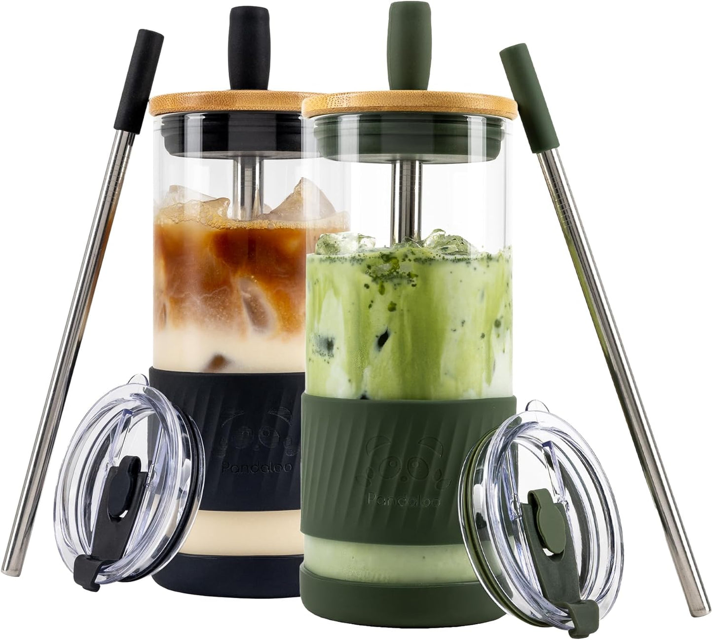 Pandaloo® Glass Cups With Lids and Straws -20 Fl Oz- Perfect Size Iced Coffee Cup - Smoothie Cup With Bamboo Lid and On the go Lid - Glass Tumbler With Straw (1 Count (Pack of 1), Lilac Rhapsody)