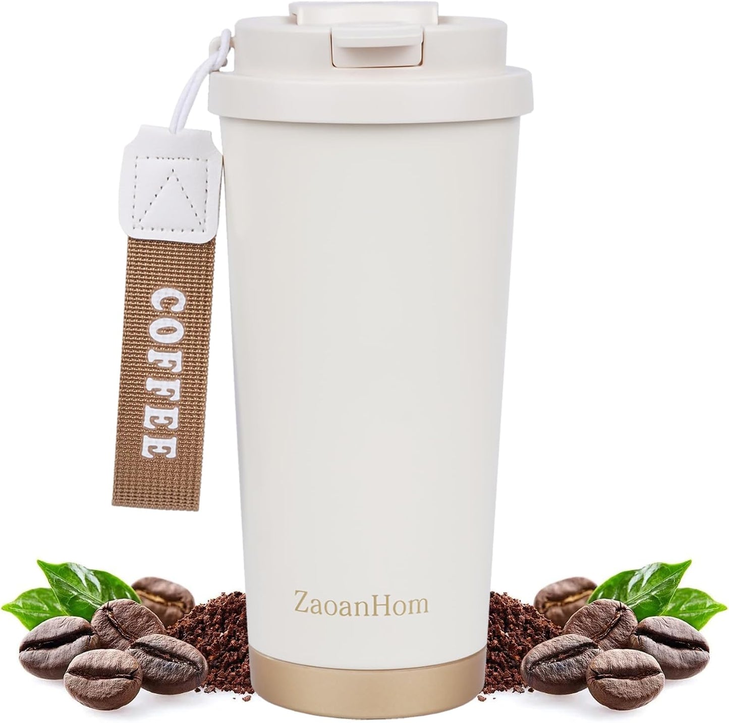 Insulated Coffee Mug with Ceramic Coating, 18 oz Ceramic Lined Travel Coffee Mug with Leakproof Lid, Double Wall Stainless Steel Hot ＆ Cold Drinking Cup for Office Camping Travel, White