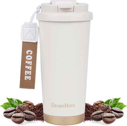 Insulated Coffee Mug with Ceramic Coating, 18 oz Ceramic Lined Travel Coffee Mug with Leakproof Lid, Double Wall Stainless Steel Hot ＆ Cold Drinking Cup for Office Camping Travel, White