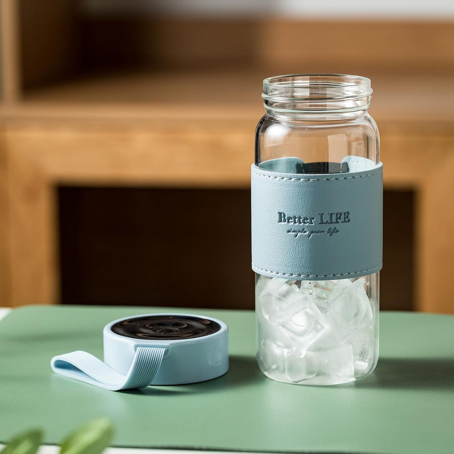 Glass Tea Bottle 16 oz Drinking Bottle with Non-Slip Holster, and Stainless Tea Infuser,Leak Proof Lid,Portable Glass Water Bottle for School, Office, Car & Home,as a gift, etc (Pink)