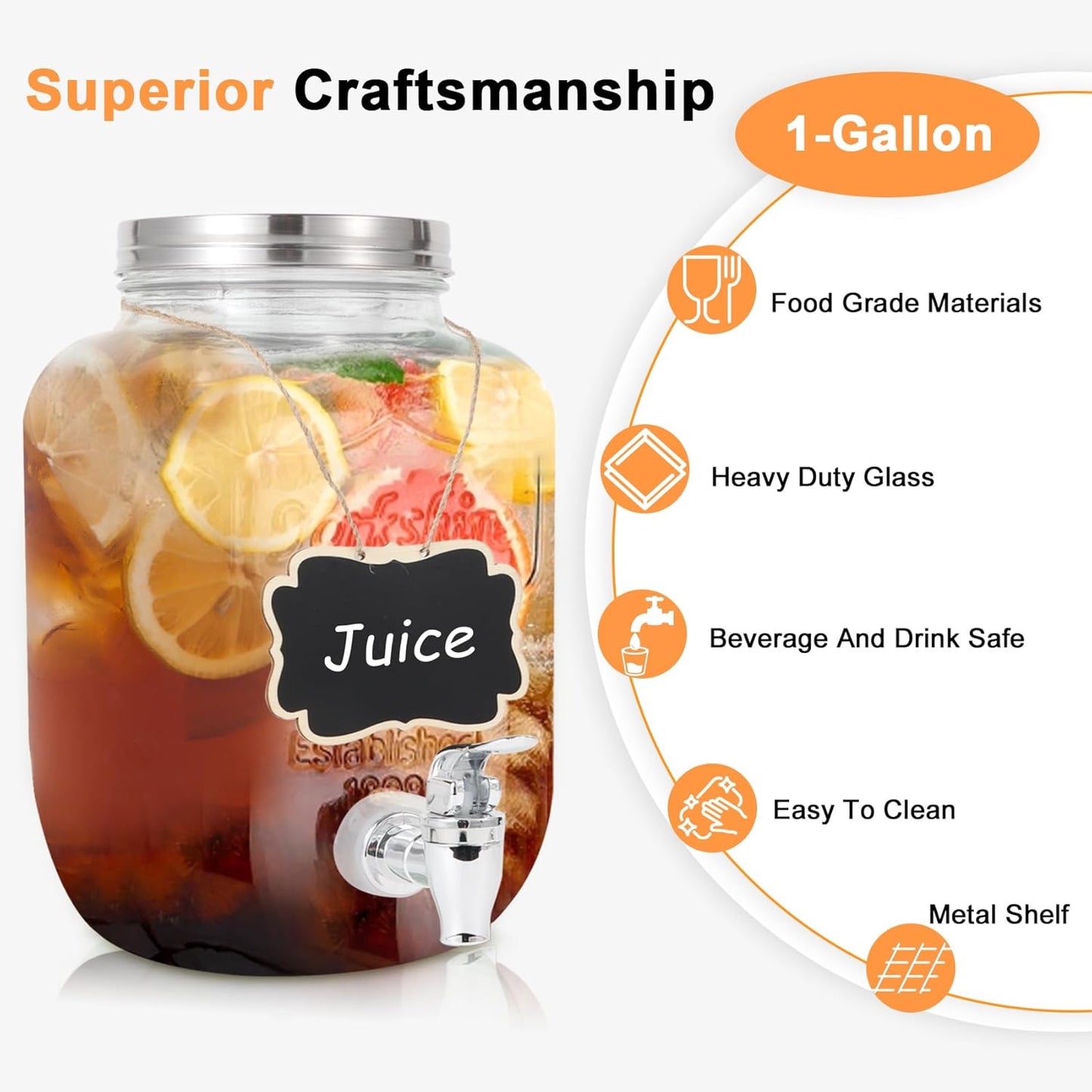 1 Gallon Glass Drink Dispensers For Parties-Set of 2,Drink Dispenser with Fruit Infuser & Stand,Juice or Beverage Dispenser for BBQ, Picnic, Party,Laundry Detergent Dispenser