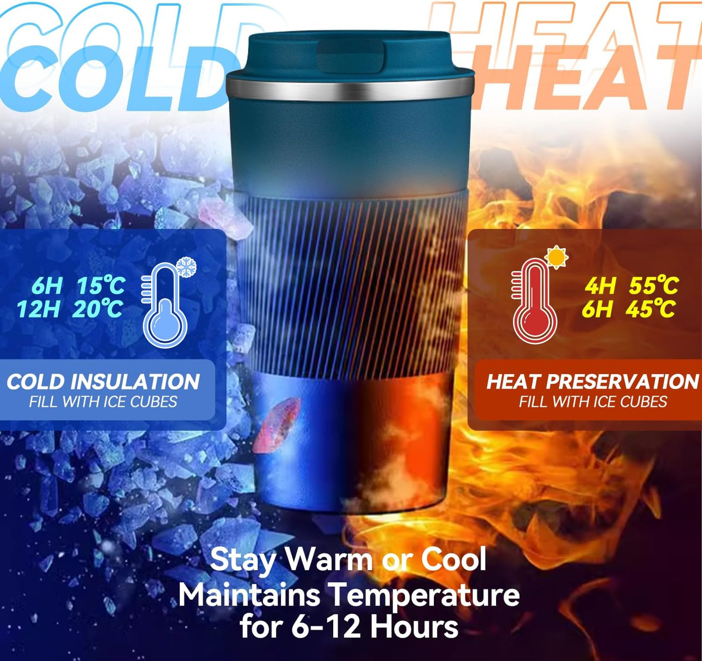12OZ Travel Coffee Mug Insulated Coffee Cup with Spill Leak Proof Lid, Portable Stainless Steel Tumbler Reusable Hot and Cold Water Mug for Car, Daily, Camping- Blue