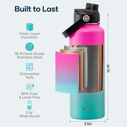 BUZIO 40oz Insulated Water Bottle, Triple Wall Vacuum Stainless Steel Water Flask with 2 lids, Lead-Free BPA-Free Straw Lid Sports Canteen Jug, Cold 48H & Hot 24H- Black - Colors B