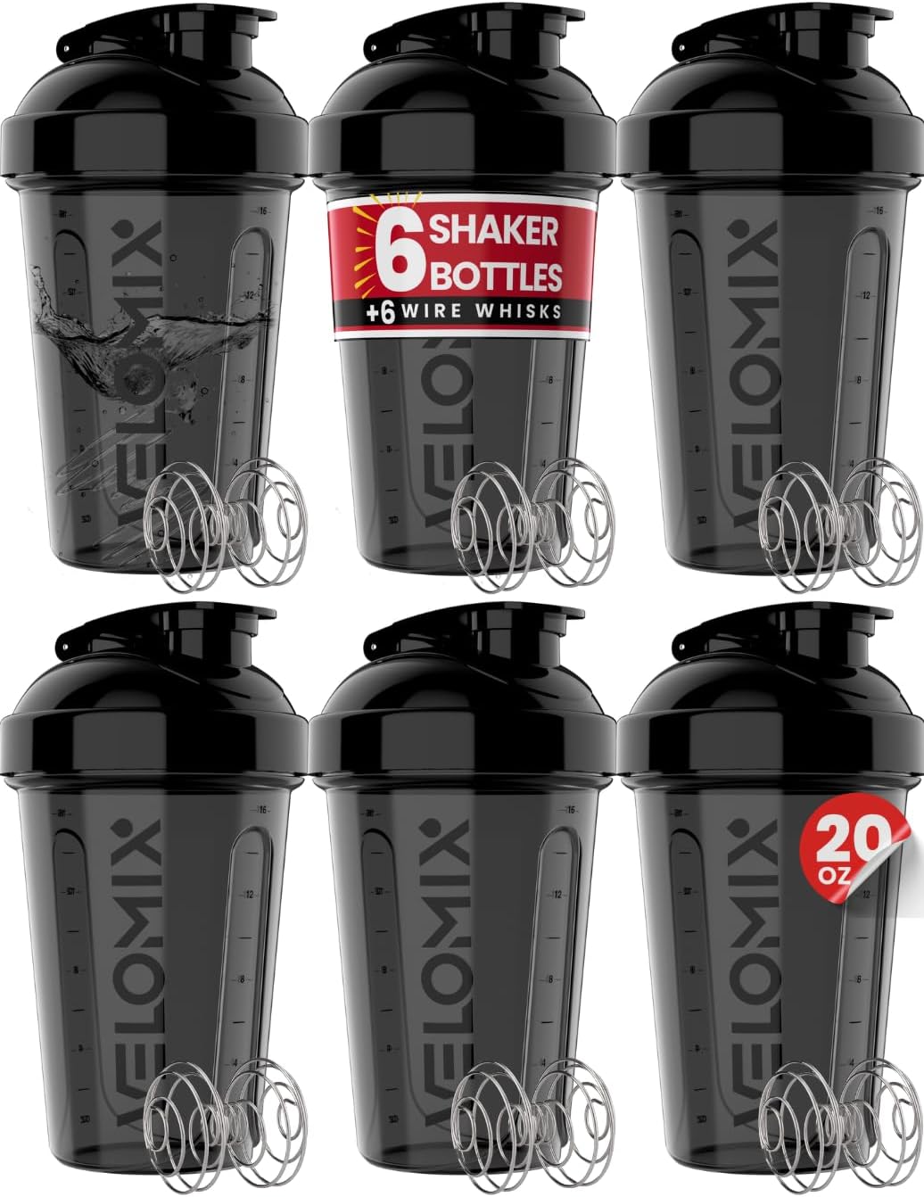 VELOMIX -6 PACK- 20 oz Protein Shaker Bottle for Protein Mixes - 6x Wire Whisk | Leak Proof Shaker Cups for Protein Shakes| Stackable Protein Shaker Bottle Pack | Dishwasher Safe (ALL IN BLACK)