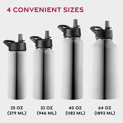 FineDine Water Bottle - Stainless Steel Insulated Water Bottle with Straw Lid, Flip Lid & Wide-Mouth Cap - Keeps Hot and Cold - 25 Oz / 739ml - Dreamy Purple