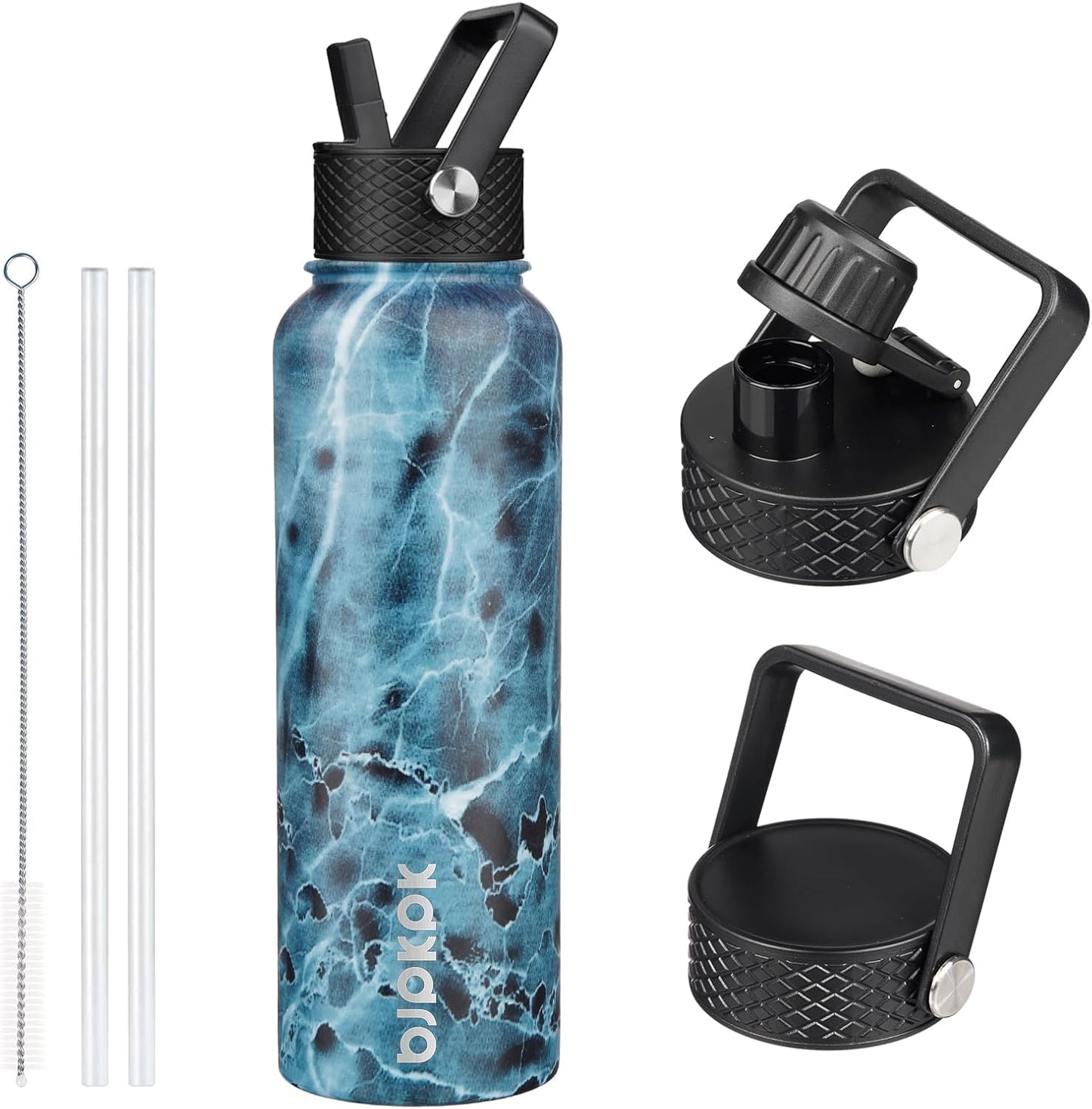 BJPKPK Insulated Water Bottles with Straw Lid, 40oz Stainless Steel Water Bottles with 3 Lids, BPA Free Leakproof Thermo, Tumblers, Cups for Sports, Gym- Midnight - Colors B